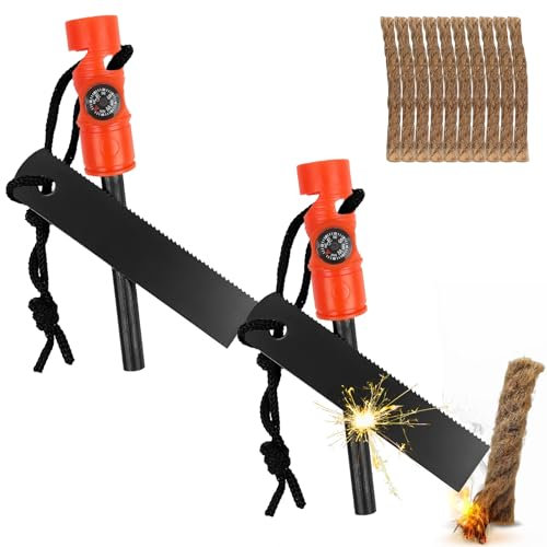 2 Set Feuerstahl Outdoor Feuerstein Survival, Feuerstein Survival für Bushcraft, Wasserfester Magnesium Stab Feuerstarter mit Kompass, Pfeife, Ersatz-Zunder für Wandern/Camping/Outdoor
