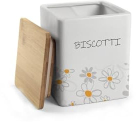 MECSAL CASALINGHI Barattolo Biscottiera, Porta Biscotti, Contenitore Cucina, in Ceramica Quadrato Rotondo, Tappo in Legno, bianco (1, QUADRATO DAISY)
