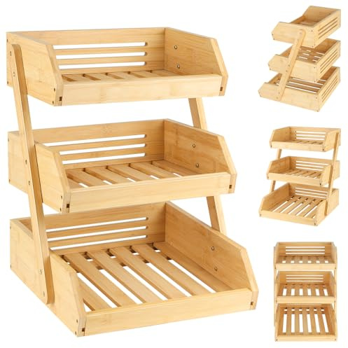 HUOLE Support de Corbeille à Fruits en Bambou 3 Niveaux Support pour Le Rangement des légumes, du Pain dans la Cuisine, 30*33*41cm (3 couches)