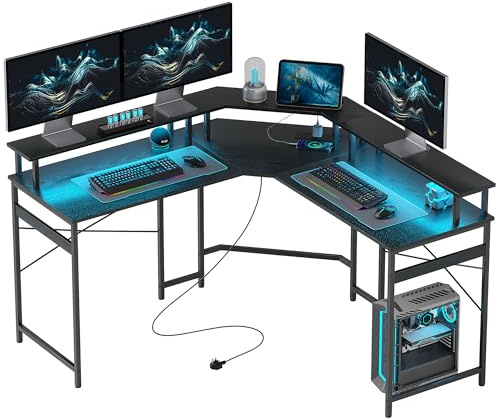 HOMCOM L Shaped Desk with Power Outlets and LED Lights, Corner Computer Desk with Monitor Stand, Gaming Desk for Home Office, Black