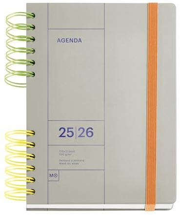 Miquelrius - Skolkalender 2025 2026, september till augusti, storlek 160,5 x 218 mm, veckovisning, dubbel tvåfärgad spiral, hårt skal, gummiförslutning, katalansk-engelsk-portugisisk