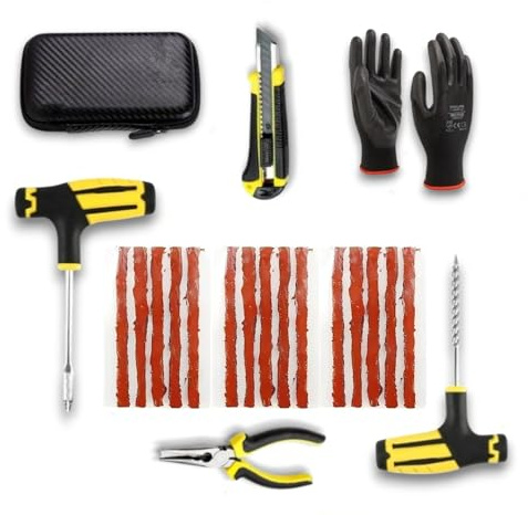 Super Mundo - Kit Reparación Neumáticos sin cámara, 15 pcs Kit Repara Pinchazos Coche, Kit Repara Pinchazos Moto para coche, motocicleta, camión, ATV, Jeep, tractor y más