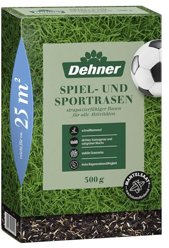 Dehner Saatgut Spielrasen/Sportrasen, hochwertige Rasensamen für strapazierfähigen/dichten Rasen, schnell keimend/pflegeleicht, ideal für Familiengärten & Spielflächen, 500 g für ca. 25 m²