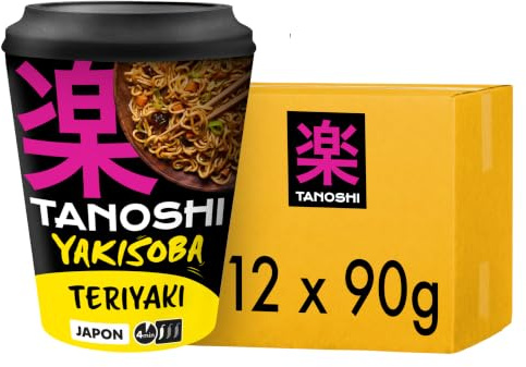 TANOSHI - Cup Yakisoba Teriyaki - Nouilles Instantanées Wok - 12 x 90 g | Prêt en 4 Min - 1 personne