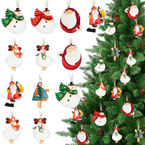 MELLIEX 24 Stück Weihnachtsbaumschmuck Holz Anhänger, Schneemann Engel Christbaumschmuck, Weihnachtsanhänger mit Schnur für Weihnachtsdeko Geschenkanhänger Fensterschmuck
