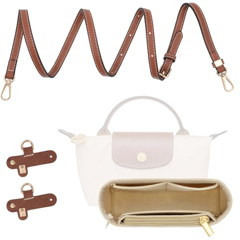 MoKo 2Sets Leder Mini Tasche Organizer für Longchamp, Filz Geldbörse einfügen Organizer Mini Tasche Ersatz, verstellbare Punch-Free Schnalle Riemen, Braun