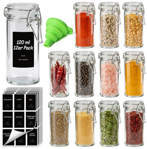 ComSaf 12 Pack 4 oz Glass Spice Jars with Airtight Swing Top Lids, Small Clear Containers for Pantry Organization, Herb Storage, DIY Crafts & Gifts - Complete Set Includes Funnel & Spice Labels