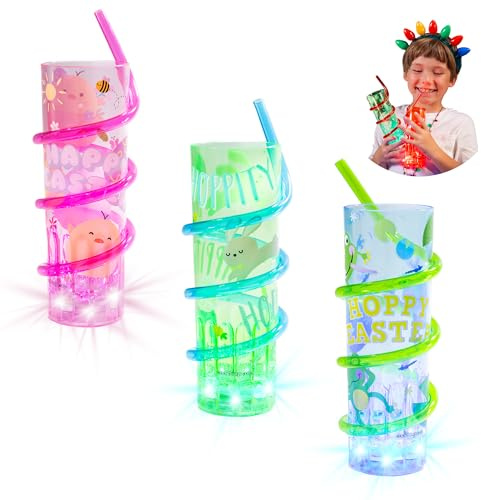 Cool Things Corp Light-Up Straw Cups for Kids (3 Pack) – LED Reusable Party Cups with Built-In Lights, BPA-Free Drinkware with Reusable Straws, Cute Easter Bunny, Chick & Spring Garden Designs