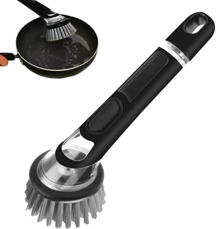 HUANYO Soap Dispensing Scrub Brush - Kitchen Cleaning Brush with Detergent Holder, Durable Stainless Steel Scouring Pads & Ergonomic Handle for Pots, Pans, Dishes (01)