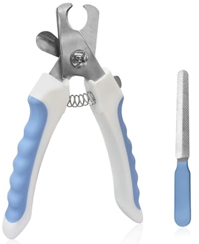 AMFUN Profi Krallenschere für Hunde und Katzen, Edelstahl Krallenzange mit Nagelfeile, Krallenschneider mit Sicherheitsschutz(Blau-Weiß)