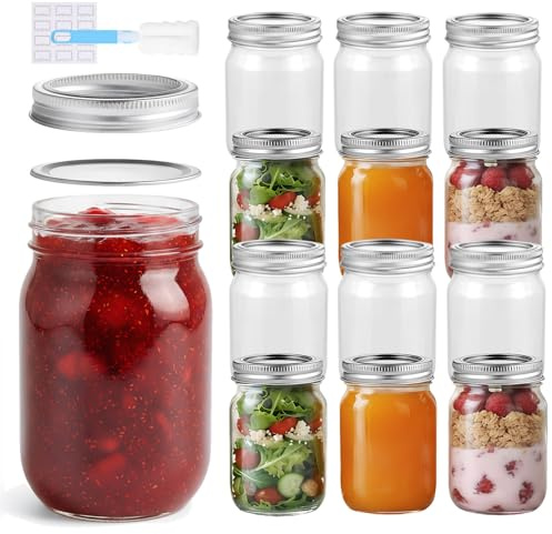 Glass Mason Jars 12 Pack 500ml with Airtight Lids, Round Mouth Canning Jars | Clear Glass Jam Jars, for Overnight Oats, Pickling, Food Storage, DIY Projects, include Cleaning Brush & Sticker Labels