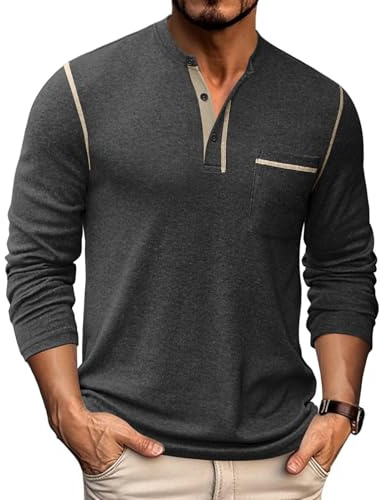 COOFANDY Henleyshirt herr långärmad t-shirts, Mörkgrå, 4XL