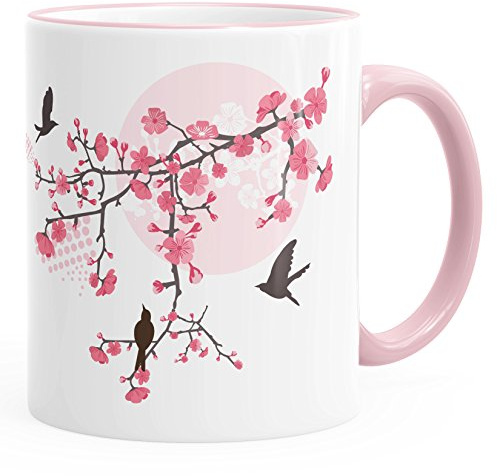 Autiga Kaffee-Tasse Kirschblüten Vögel Vogel Blumen Blüten Flower Cherry Tree Birds Tasse mit Farbkante Rosa unisize