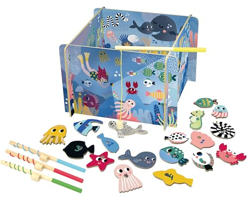 Magnetisches Angelspiel Michelle Carlslund U-Boot für Kinder aus Holz | Angel und Magnetfische -bunte Unterwasserwelt -fördert Feinmotorik und Koordination -tolle Geschenkidee heute schon