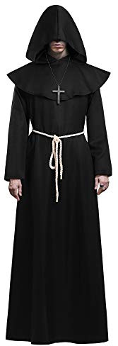 KONVINIT Mönch Kostüm Herren Halloween Kostüm Männer Prister Gewand Kostüm Mittelalterliche Robe mit Kapuze ideal für Mottoparty, Halloween, Karneval und Fasching,schwarz XL