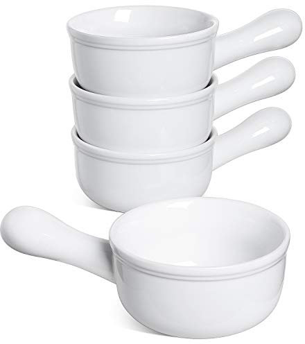 LE TAUCI Ciotole per zuppa con manico, 425 ml, in ceramica, per zuppa di cipolle francesi, adatte al forno, per stufato, cipolla, zuppa, peperoncino, set di 4, colore: bianco