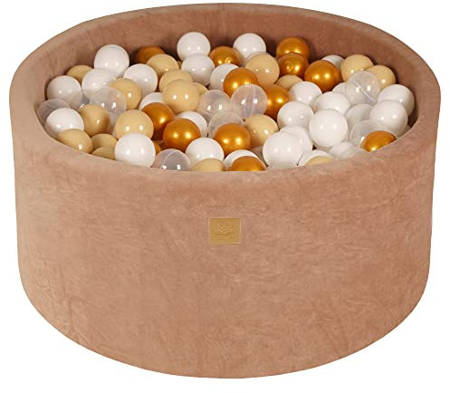 MEOWBABY Bällebad Baby - Rund 90x40cm Baby Pool für Kinder mit 300 Bälle, Samt, Beige: Gold/Beige/Weiß/Transparent