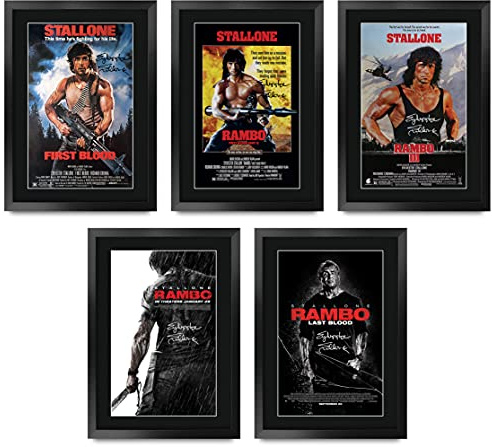 HWC Trading DE A3 Rambo Sylvester Stallone Geschenkset Gedruckte Poster Signiertes Autogramm-Foto für Filmfans - A3 Gerahmt