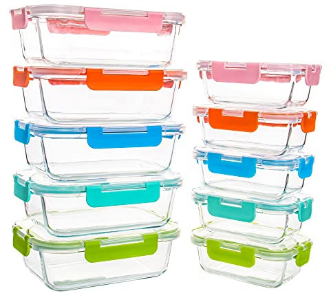 YARYOUNG 10 er Set Glas Frischhaltedosen, Glasbehälter mit Deckel, BPA-Frei, Geeignet für Mikrowelle, Gefrierschrank und Spülmaschine