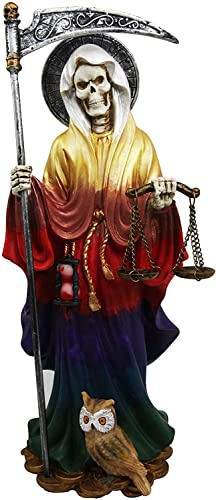 Ebros Gift 10.5 H Standing Rainbow Tunic Robe Santa Muerte Skeleton with Scythe and Justice Scales Figurine Deity of Protection Decorative Sacred Bone Mother 7 Powers Altar Sculpture