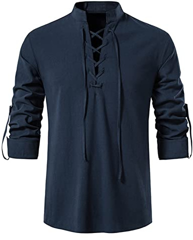 Idopy Camisa Henley retro con lazos para hombre, estilo punk, Renacentista, medieval, azul, M