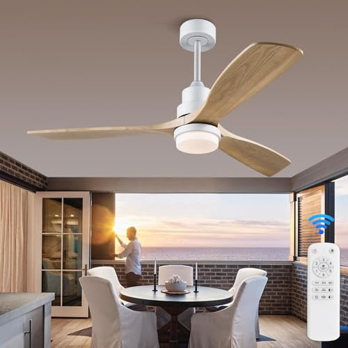 BOJUE Deckenventilator aus Holz, 132 cm, mit Lichtern und Fernbedienung, dimmbar, moderner Deckenventilator für den Innen- und Außenbereich, für Terrasse, Wohnzimmer, Schlafzimmer, Büro