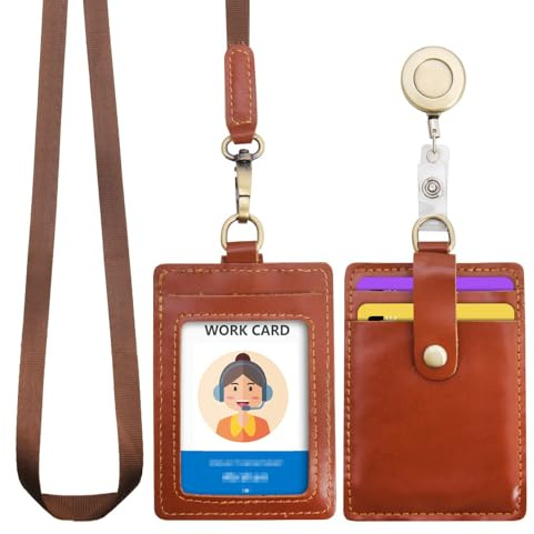 Wonderpool Cuero Colgantes Tarjetas identificación Tarjetero Estuche con Correa Cuello Lanyard Llavero Extensible Retractil Para Moneda Llave&Oficina Escuela Hospital Exposición ID(Rojo marrón)