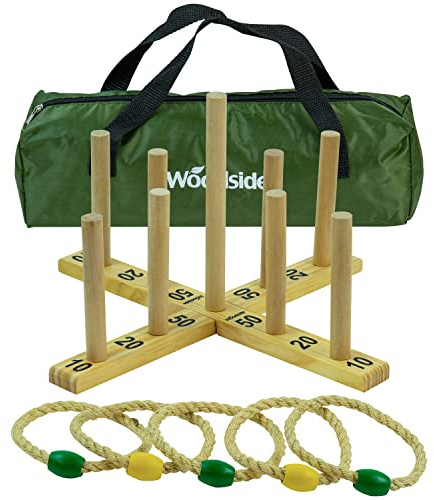 Woodside Garden Quoits Ring Toss Game, Outdoor Family Lawn Fun, 5 Rope 9 Pin