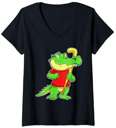 Damen Krokodil Feldhockey Feldhockeyschläger Sport T-Shirt mit V-Ausschnitt