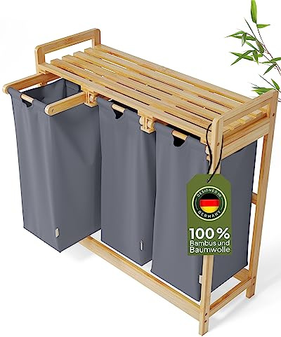 AMBIAVO® Wäschekorb 3 Fächer Blaugrau – Wäschesammler mit Ablage, 90L – Bambus Wäschesortierer & Schmutzwäschebehälter – Wäschekorb mit Ablage – Wäsche Sortiersystem für Ordnung im Haushalt