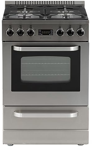 West Bend Gas Range Oven, Compact Freestanding Design, 4 Sealed Burners with Electronic Ignition, Includes Storage Drawer and Accessories, 24-Inch, Stainless Steel
