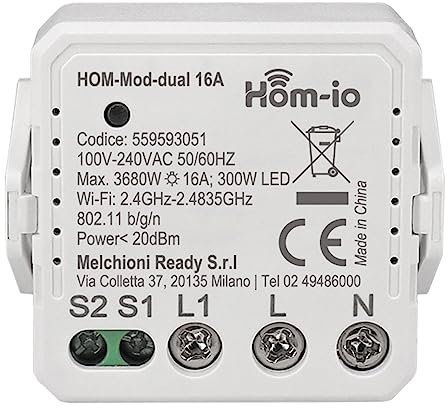 Hom-Io | Modulo Switch da Incasso 16A 1 Canale WiFi, Switch per il Controllo di Illuminazione e Dispositivi, Comandabile da App o Interruttore Grigio