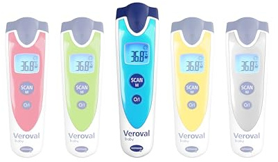 Veroval Termómetro infrarrojo azul para bebés, medición sin contacto y silenciosa, temperatura corporal, temperatura del objeto, temperatura ambiente, medición rápida, manejo