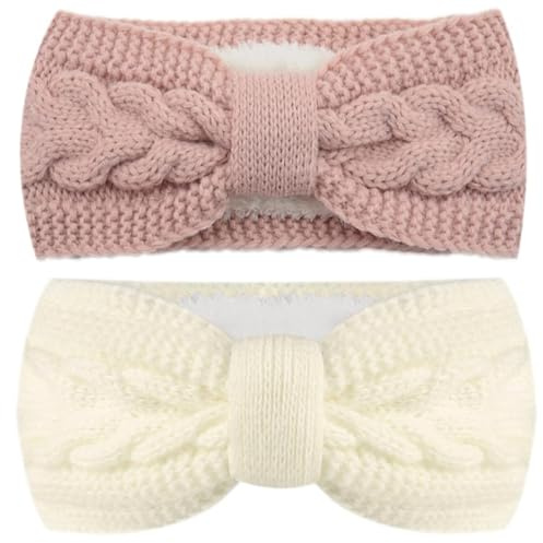 2 Stück Damen Gestrickt Stirnband, Verdicken Stirnband Damen, Haarband Ohrenwärmer Elastische, Winter Kopfband Haarband, Elastische Haarreife Ohr Wärmer für Mädchen (Rosa, weiß)