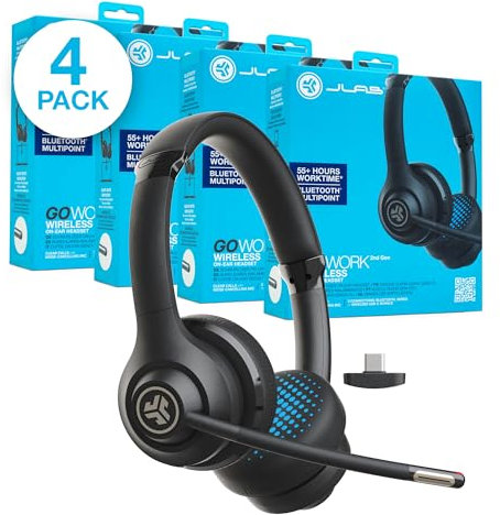 JLab Go Work Cuffie wireless di seconda generazione con microfono – 55+ Playtime Bluetooth o USB-C Dongle per PC, connessione multipunto a computer e cellulare, cuffie cablate o wireless, Set di 4