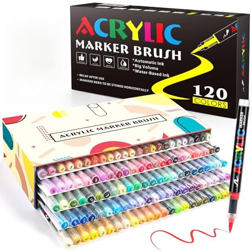 120 Farben Acrylstifte für Steine Wasserfest –Acrylmarker mit Pinselspitze | Direkt Flüssige Acrylfarbe für Glas, Holz, Leinwand, Keramik, Stoff, Papier, DIY Basteln & Malen
