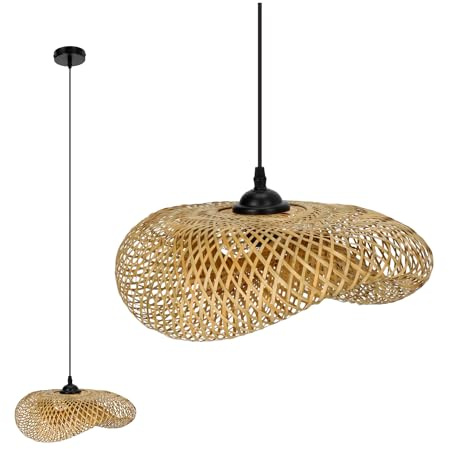 ekobi Hängelampe Rattan-Pendelleuchte im Boho-Stil E27 Bambus Wohnzimmer Pendelleuchte Rattan Esstisch Esszimmer Lampe Hängeleuchte Farbe: Natur (BRUGIA S)