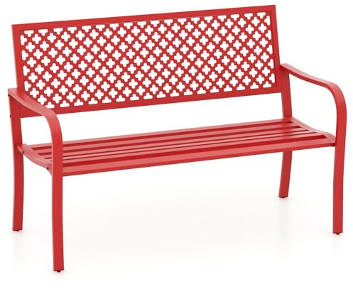 GIANTEX Bank für den Außenbereich, Garten, für 2 Personen, Außenbank aus Stahl und gebogene Armlehnen mit Lattensitz, Gartenbank mit durchbrochener Rückenlehne, Belastung 300 kg (rot)