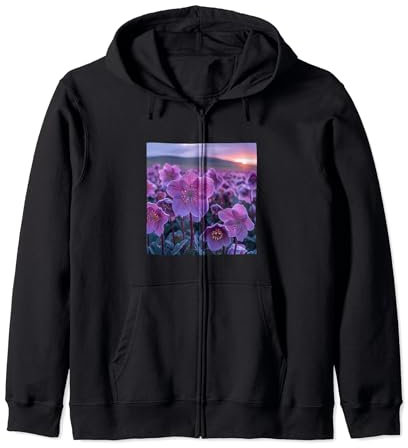 Superbe motif coucher de soleil sur le champ de fleurs d'hellébore Sweat à Capuche