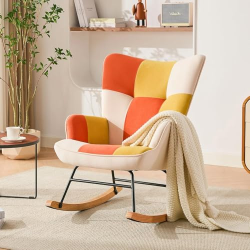 HomeMiYN Patchwork Schaukelstuh Samt Kinderzimmer Schaukelsessel mit Metallgestell und Holzsockel Polstersessel für Wohnzimmer Freizeit Relaxstuhl für Schlafzimmer Orange Gelb