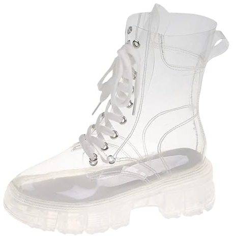 Botines informales para mujer, de piel, fondo de cristal, botas de moda grandes, con cordones elevados, transparentes, jalea, Matsutake, con fondo grueso, botas de lluvia para mujer, impermeables y