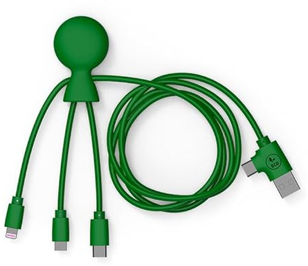 Xoopar - Mr Bio 1m 4 in 1 Multi USB Cable in Octopus Shape - Universal Charger in Recycled Plastic - Universal USB USB-C Socket, Lightning, Micro USB, USB for Universal Smartphone - Green