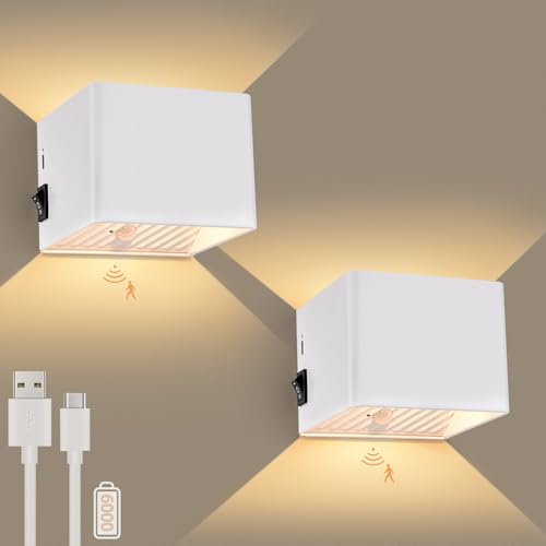 GeyouLux 2 Stück 6000mAh Akku Wandleuchte mit Bewegungsmelder Innen | 5W Aufladbare Wandleuchte Innen Ohne Stromanschluss mit 3 Modi 3000K Wandlampe Innen Akku für Flur Wohnzimmer Schlafzimmer