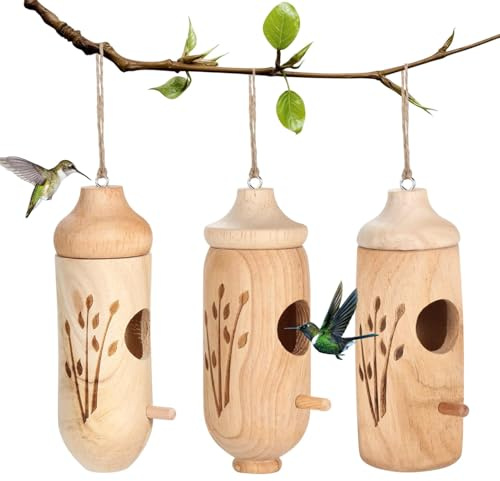 Casa de colibríes de madera, 3X de reproducción de madera | Crota de reproducción de la cabaña de pájaro para jardín, patio, balcón, porche, tronco de árbol