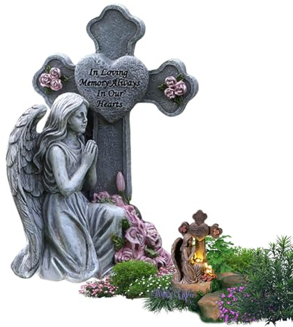 Genérico Statue di angelo da giardino - Statuetta di angelo commemorativa con luce calda | Decorazioni per cimitero, lapidi giardino, prato o patio