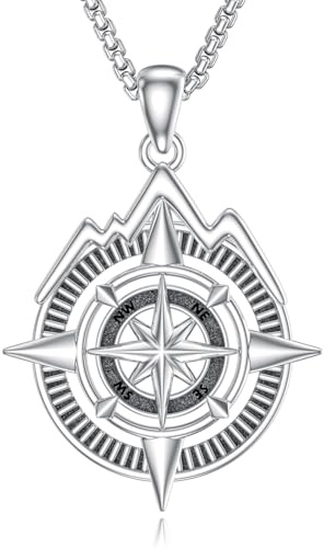 Kompass Kette 925 Silber Berg Anhänger Halskette Kompass Schmuck Abschluss Geschenke für Frauen Damen Männer