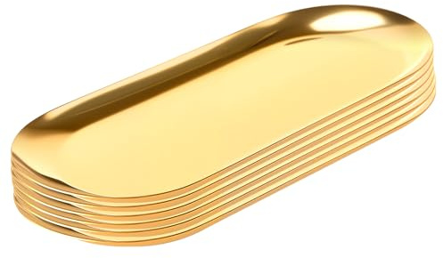 JEUIHAU Paquete de 6 bandejas ovaladas doradas para servir, bandeja de acero inoxidable, bandejas decorativas para joyas, perfume, baño, postres, aperitivos, café, 23 x 9 cm