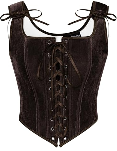 Skarlet mörker kvinnor renässans korsett vintage spets up festlig sammet bustier, Mörkbrun, 46