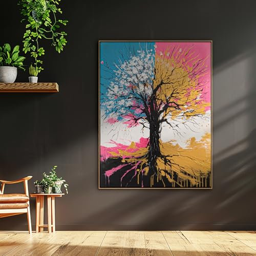 AUREDAS XXL Gemälde handgemalt - Chromatischer Wipfel - 150x200cm groß, mit Schattenfugenrahmen Eiche Hell, für Wohnzimmer Schlafzimmer, Büro, ein hochformat Wandbild als Leinwandbild