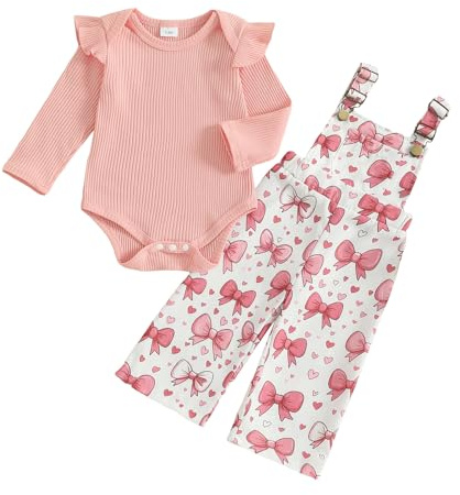 XIXIMAON Baby Girl Outfit Ribbed Knitted Bodysuit Floral Dungarees Set 2Pcs | Solid Color Long Sleeve Romper Flower Camouflage Print Suspender Trousers Infant Overall Outfit Newborn Spring Autumn Clothes